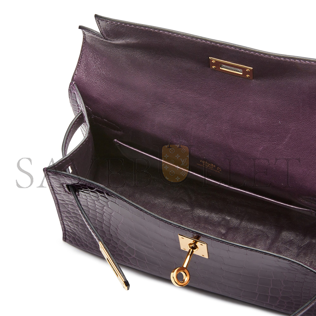H**mes master amethyst kelly pochette in shiny alligator mississippiensis with gold hardware (22*14*7cm)